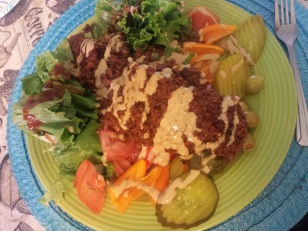 BBQ TVP with fresh green salad